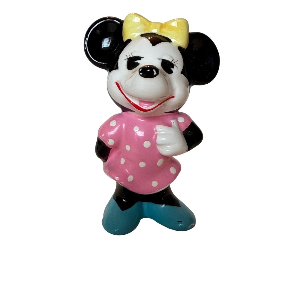 Vintage Minnie Mouse Ceramic Figurine Pink Polka Dot Dress Yellow Bow Japan